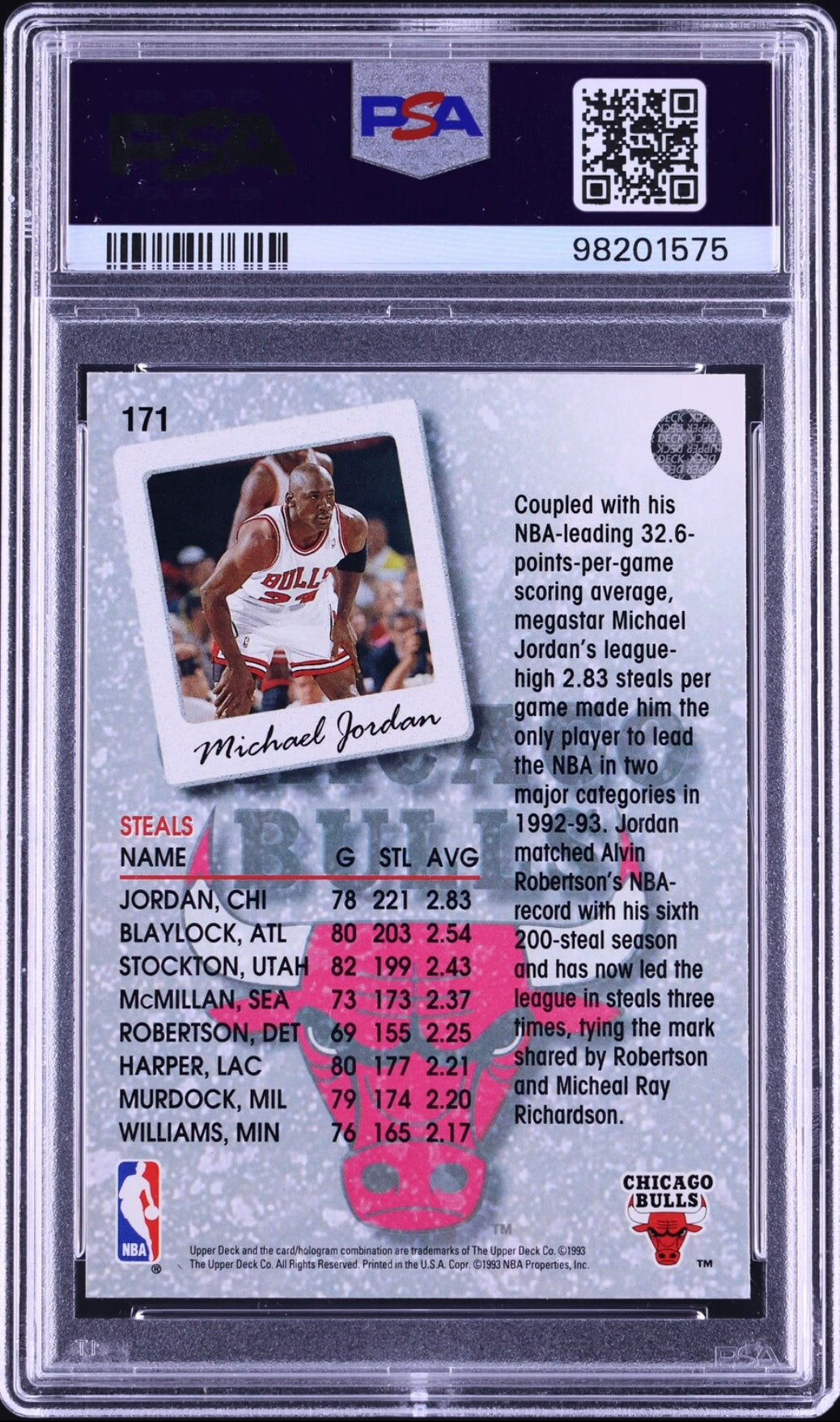 1993 UPPER DECK #171 MICHAEL JORDAN PSA 10 GEM MINT