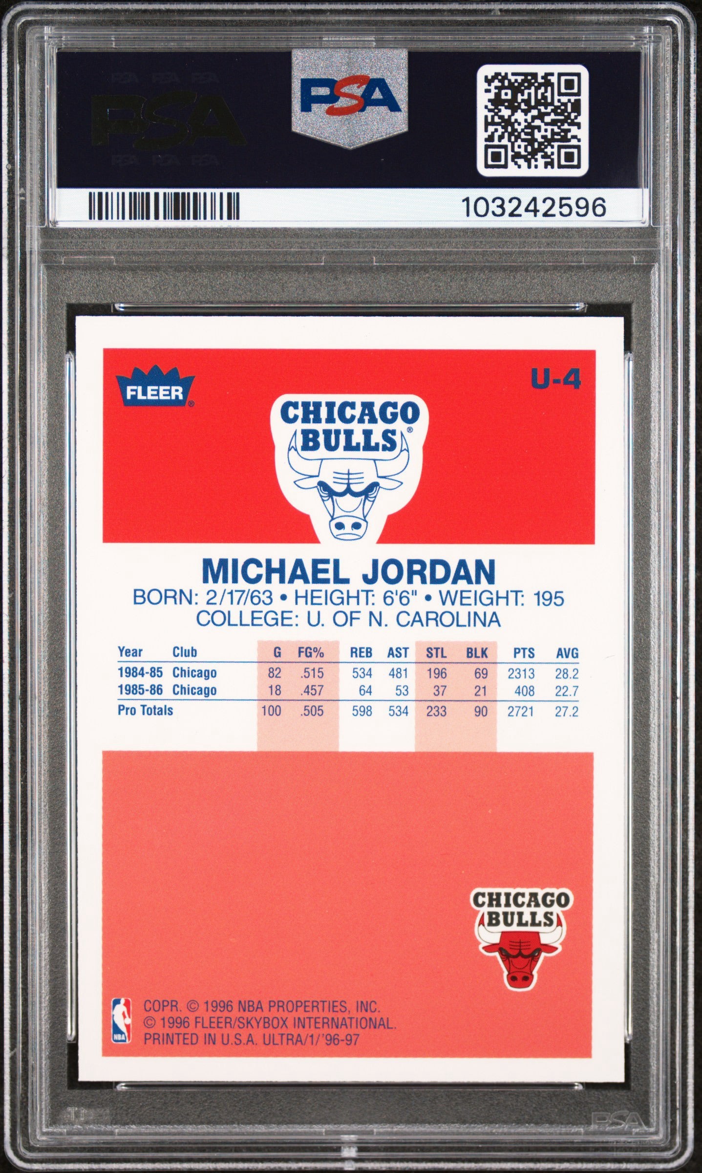 1996 ULTRA DECADE OF EXCELLENCE #U-4 MICHAEL JORDAN DECADE OF EXCELLENCE PSA 10 GEM MINT (Serial 596) - 2
