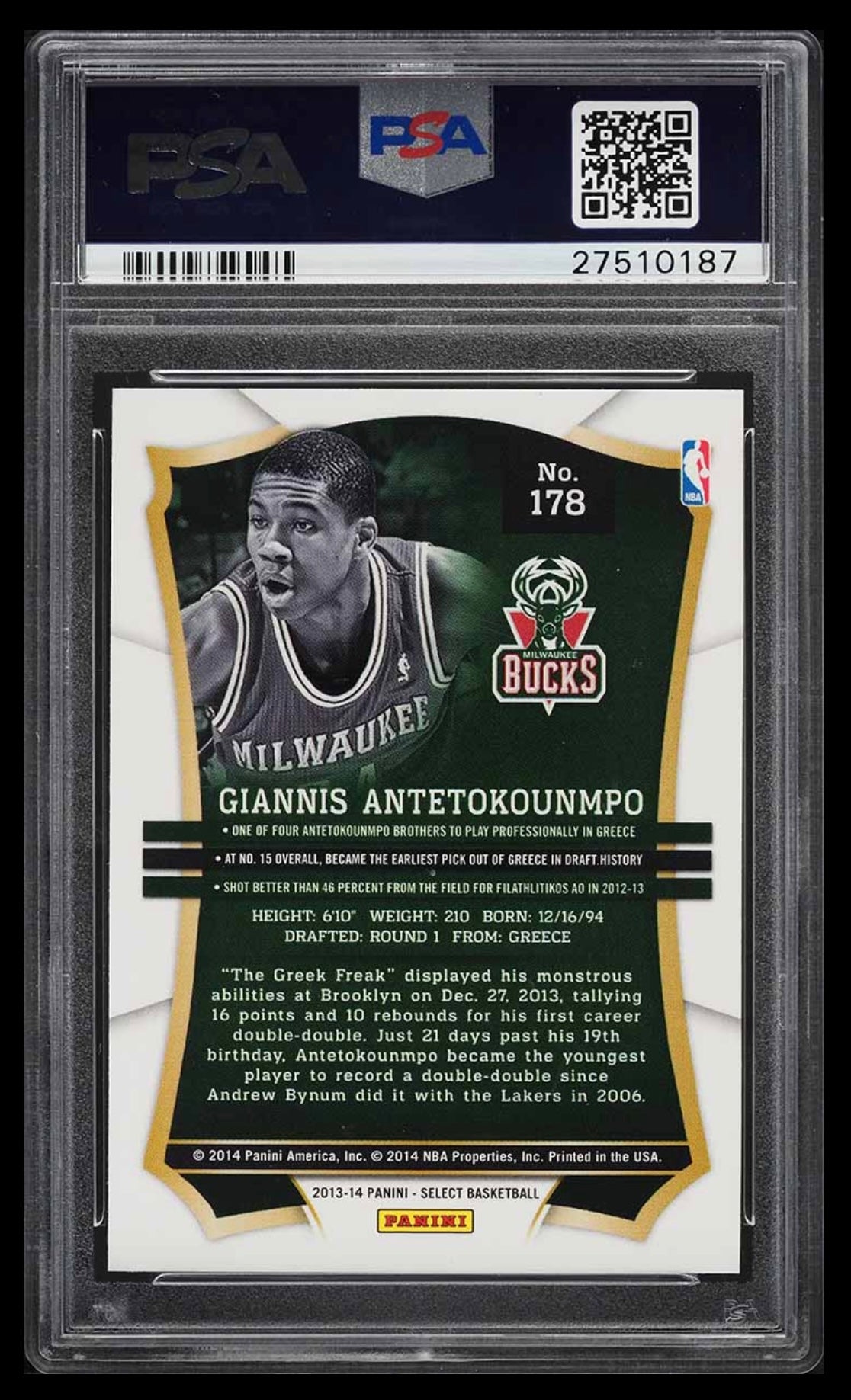 2013 PANINI SELECT #178 GIANNIS ANTETOKOUNMPO ROOKIE PSA 10 GEM MINT