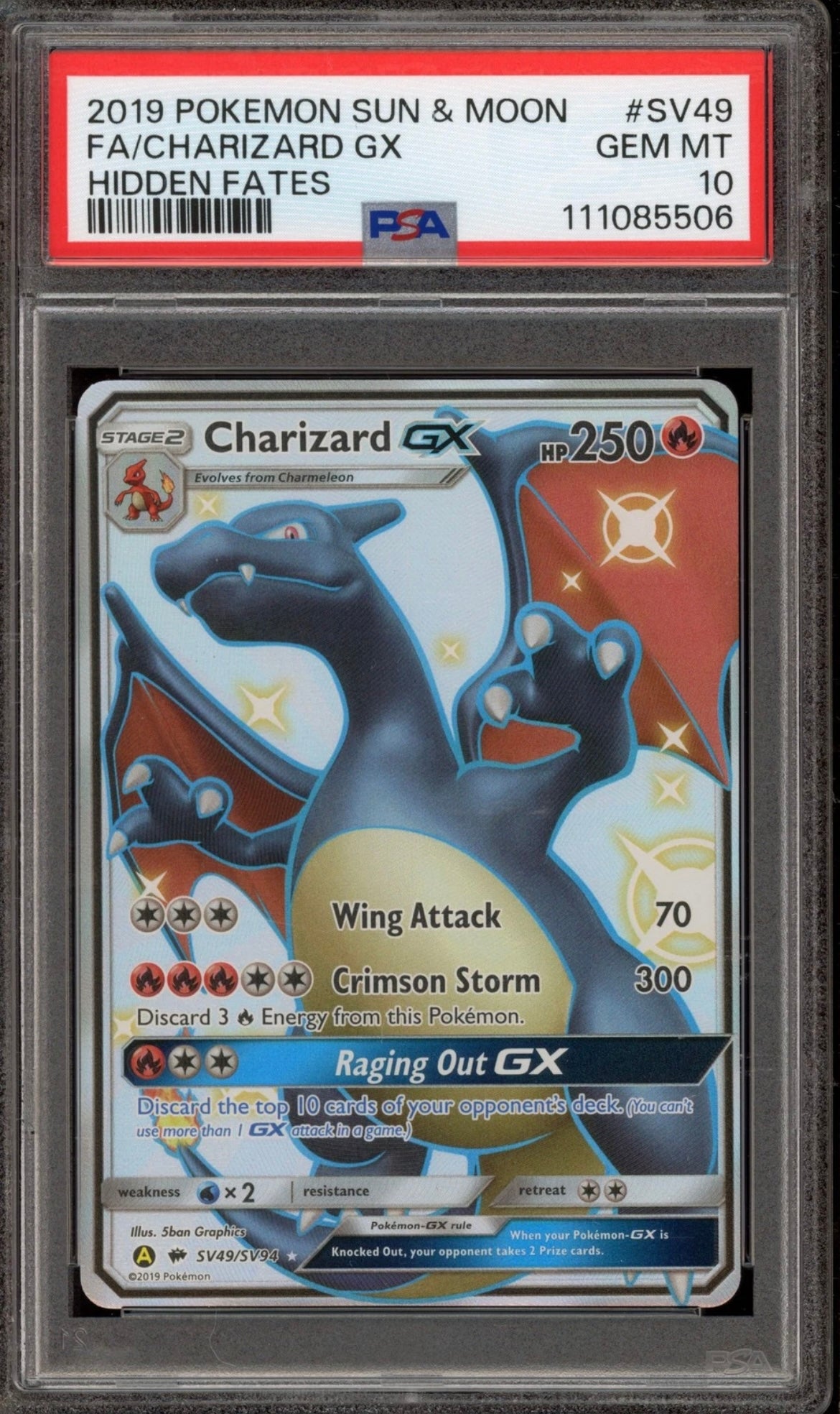 2019 Pokemon Sun & Moon Hidden Fates #Sv49 FA/Charizard Gx Hidden Fates PSA 10 Gem Mint