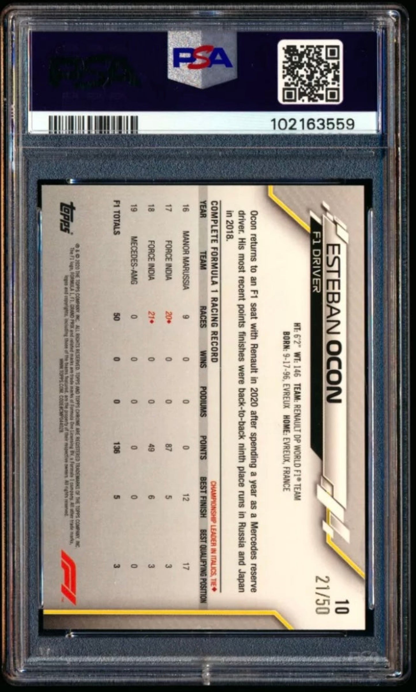 2020 TOPPS CHROME F1 FORMULA 1 #10 ESTEBAN OCON GOLD REFRACTOR /50 PSA 7