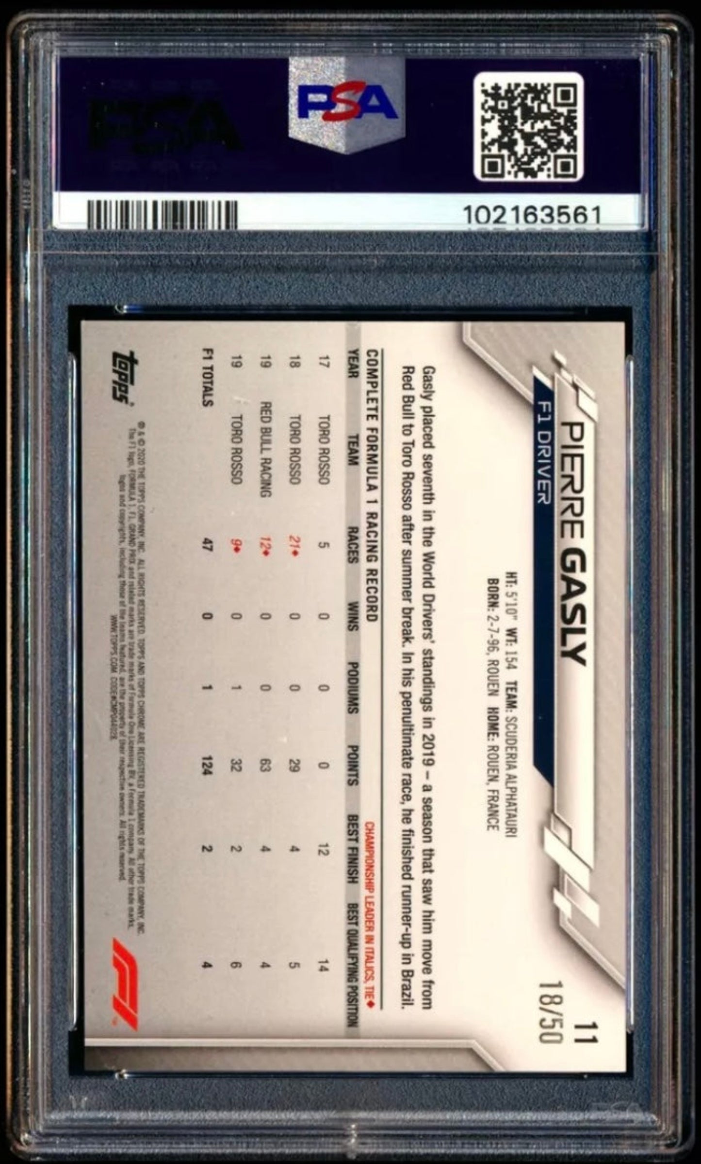 2020 TOPPS CHROME F1 FORMULA 1 #11 PIERRE GASLY GOLD REFRACTOR /50 PSA 8
