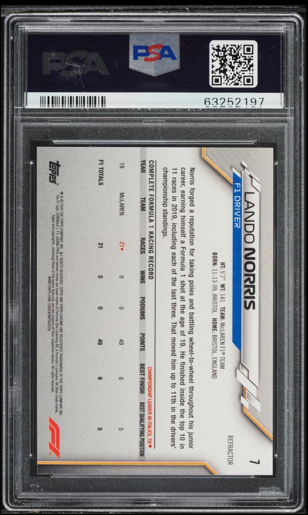 2020 TOPPS CHROME F1 FORMULA 1 #7 LANDO NORRIS REFRACTOR PSA 10 GEM MINT (Serial 197)