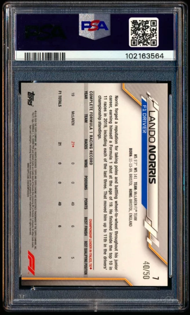 2020 TOPPS CHROME F1 FORMULA 1 #7 LANDO NORRIS ROOKIE GOLD REFRACTOR /50 PSA 7