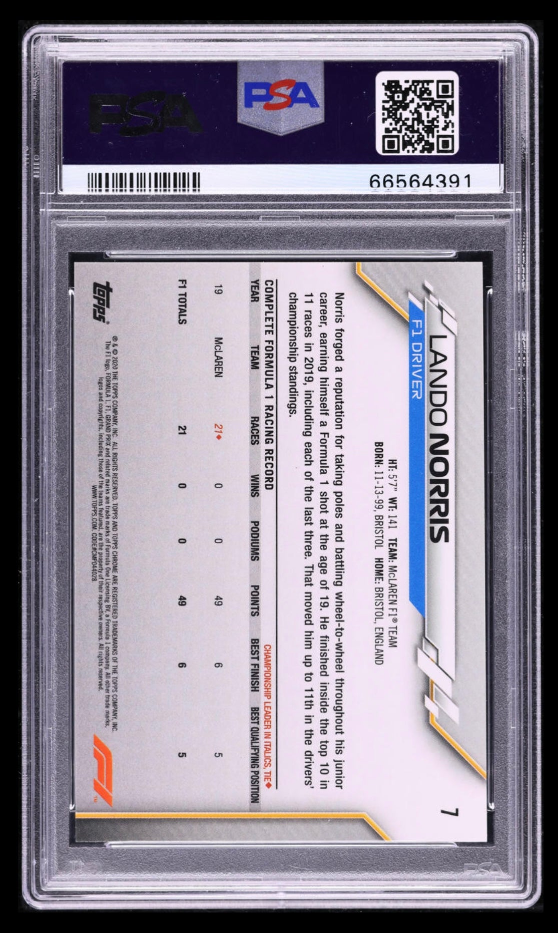 2020 Topps Chrome F1 Formula 1 #7 Lando Norris Rookie PSA 10 Gem Mint (Serial 391)