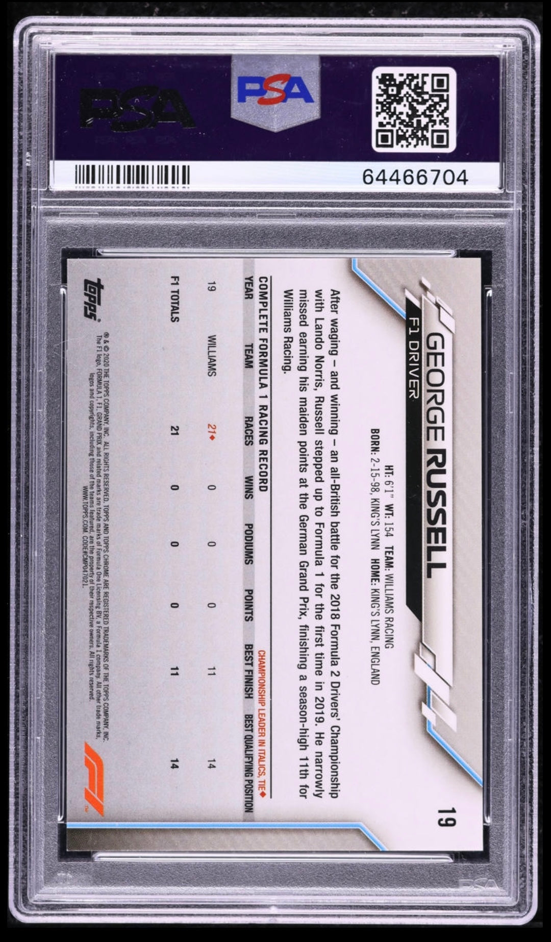 2020 TOPPS CHROME F1 FORMULA 1 SAPPHIRE EDITION #19 GEORGE RUSSELL ROOKIE SAPPHIRE EDITION PSA 10 GEM MINT