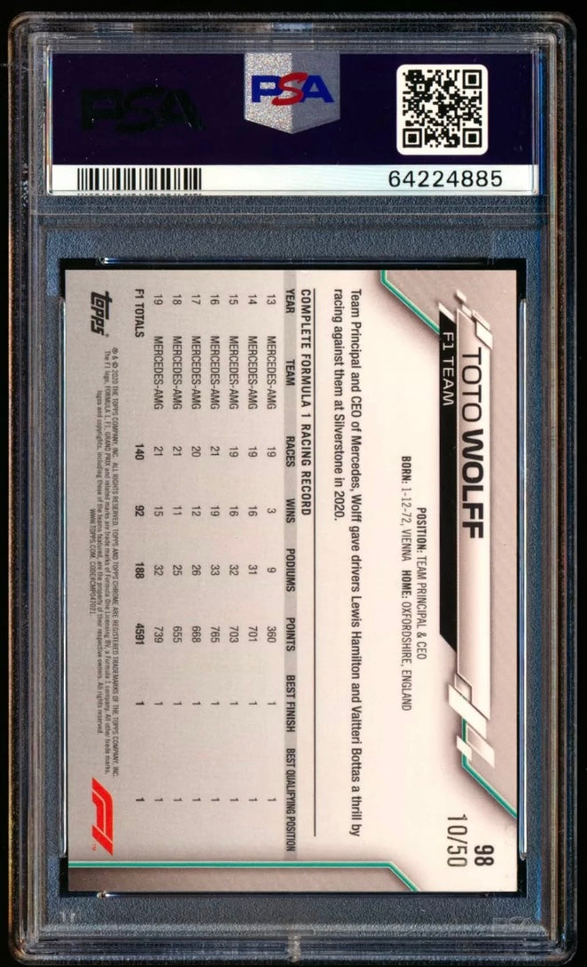 2020 TOPPS CHROME F1 FORMULA 1 SAPPHIRE EDITION #98 TOTO WOLFF GOLD REFRACTOR /50 PSA 10 GEM MINT