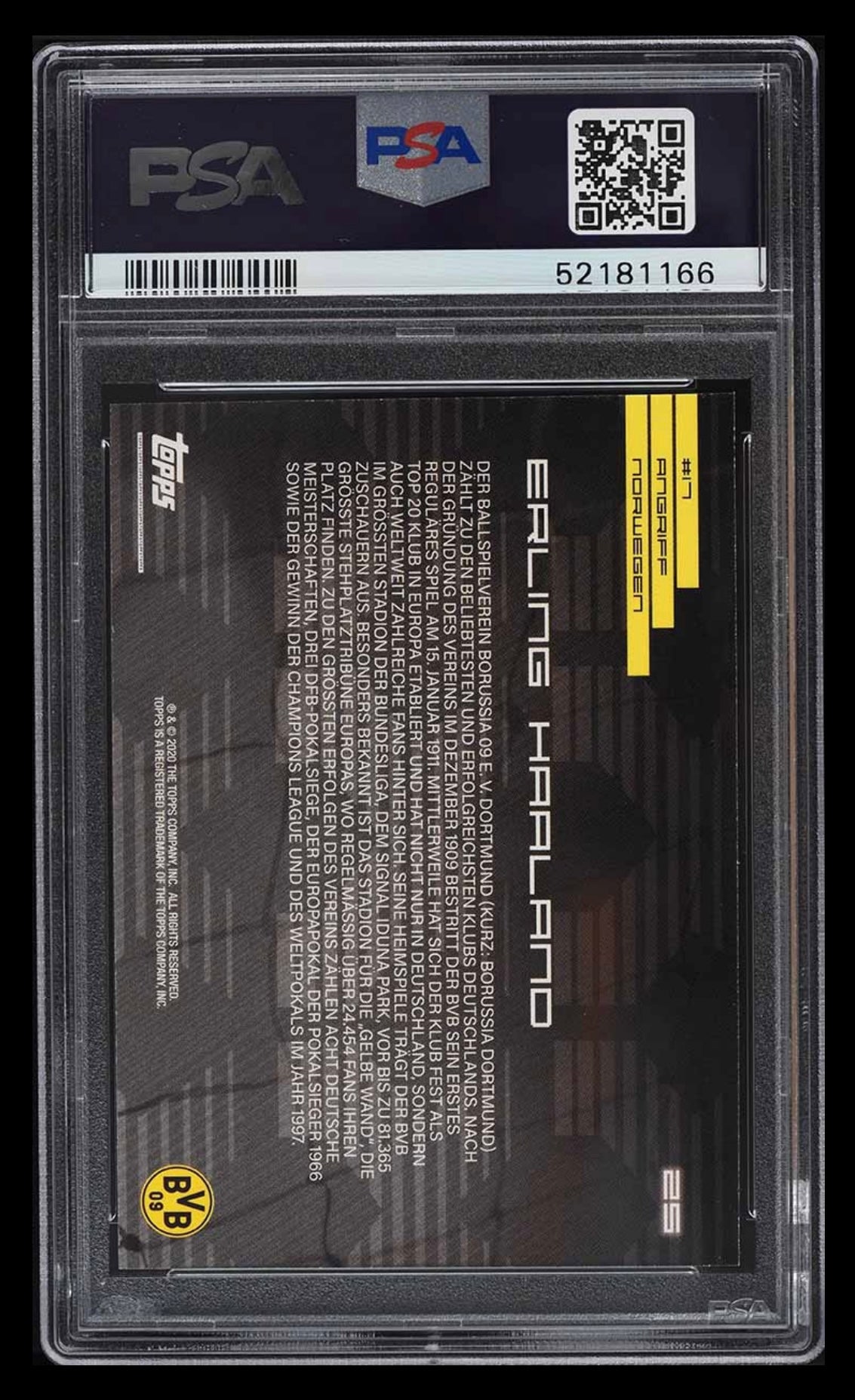 2020 TOPPS X BVB BORUSSIA DORTMUND #25 ERLING HAALAND ROOKIE PSA 10 GEM MINT