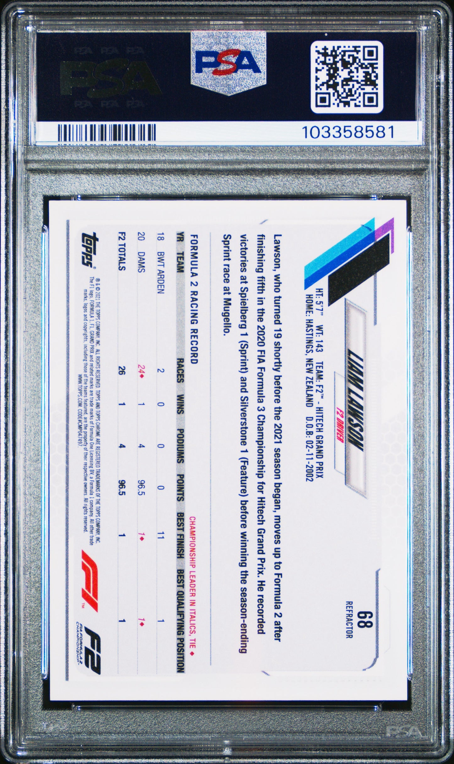 2021 TOPPS CHROME F1 FORMULA 1 #68 LIAM LAWSON ROOKIE REFRACTOR PSA 10 GEM MINT