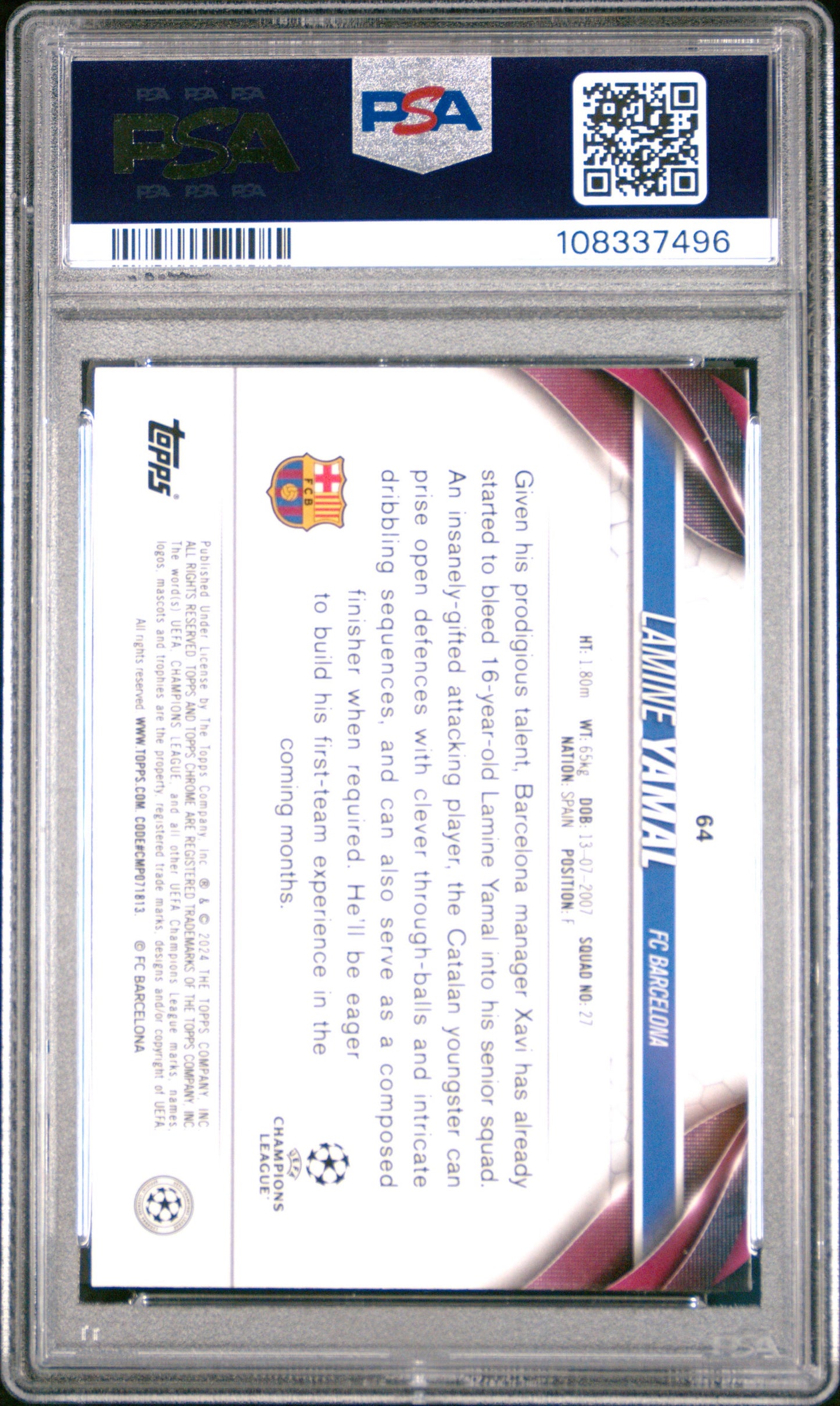 2023-24 TOPPS CHROME UEFA CLUB COMPETITIONS #64 LAMINE YAMAL ROOKIE PINK GEOMETRIC REFRACTOR /250 PSA 10 GEM MINT - 2