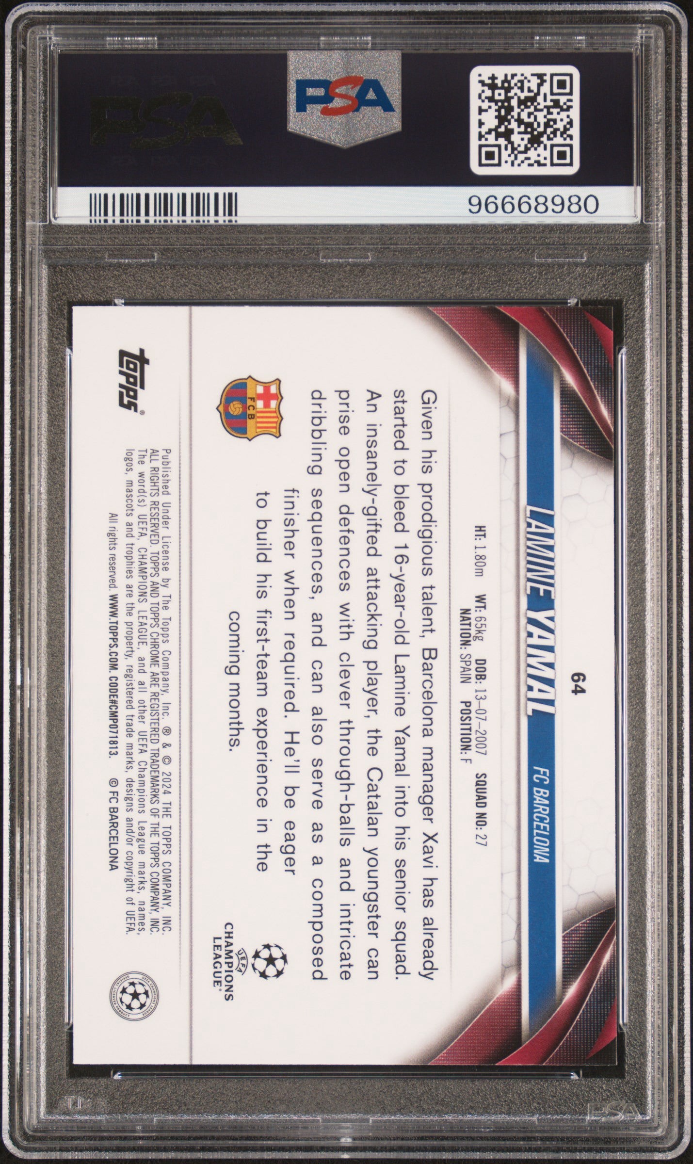 2023-24 TOPPS CHROME UEFA CLUB COMPETITIONS #64 LAMINE YAMAL ROOKIE PSA 10 GEM MINT (Serial 980) - 2