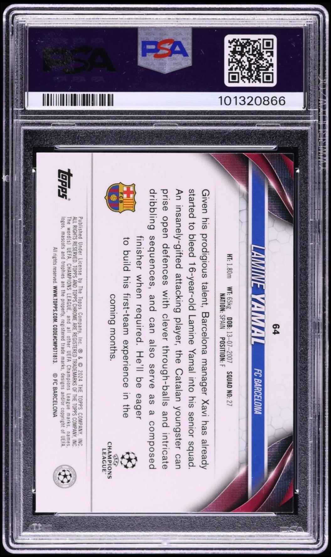2023-24 TOPPS CHROME UEFA CLUB COMPETITIONS #64 LAMINE YAMAL ROOKIE TOPPSFRACTOR /52 PSA 10 GEM MINT - 2