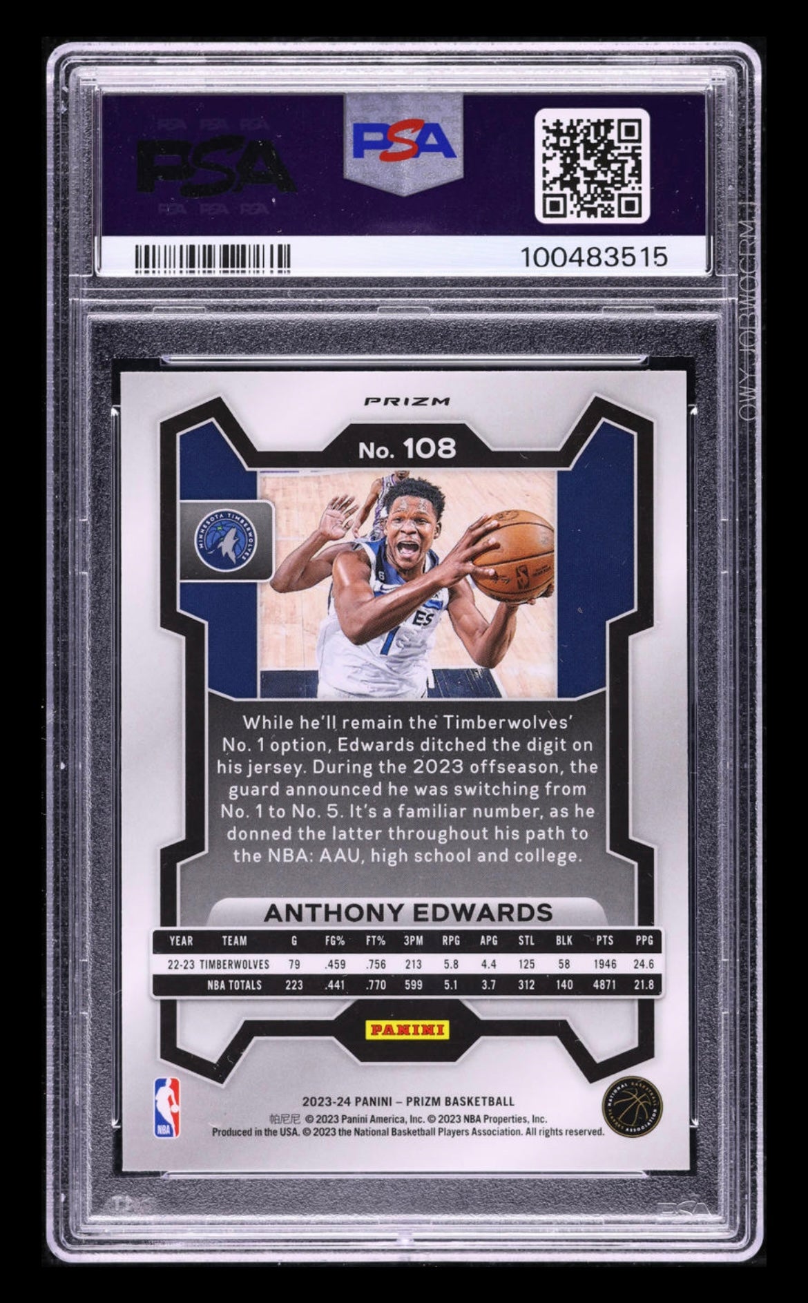 2023 PANINI PRIZM #108 ANTHONY EDWARDS PINK ICE PSA 10 GEM MINT