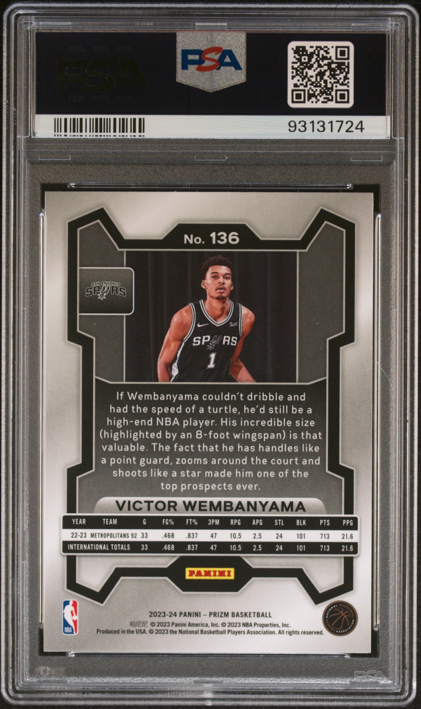 2023 PANINI PRIZM #136 VICTOR WEMBANYAMA ROOKIE PSA 10 GEM MINT