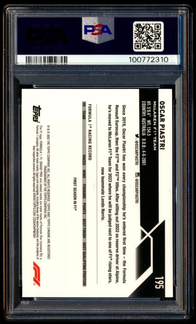 2023 TOPPS CHROME F1 FORMULA 1 #195 OSCAR PIASTRI ROOKIE GOLD REFRACTOR /50 PSA 10 GEM MINT