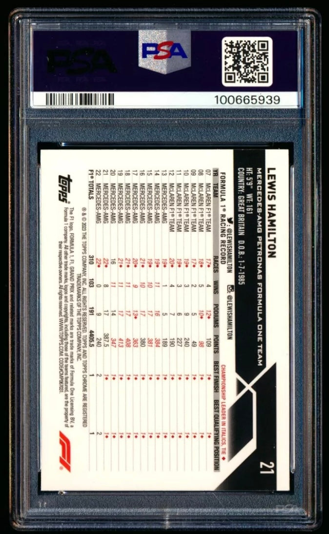2023 TOPPS CHROME F1 FORMULA 1 #21 LEWIS HAMILTON GOLD REFRACTOR /50 PSA 10 GEM MINT