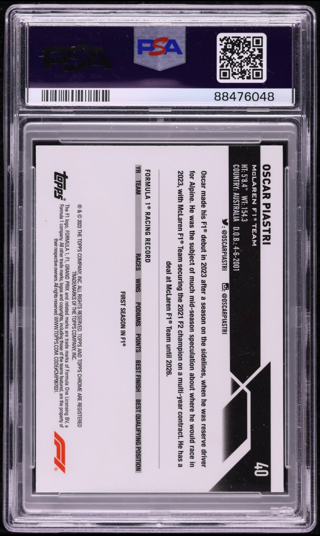 2023 TOPPS CHROME F1 FORMULA 1 #40 OSCAR PIASTRI ROOKIE FUCHSIA LAVA /250 PSA 10 GEM MINT