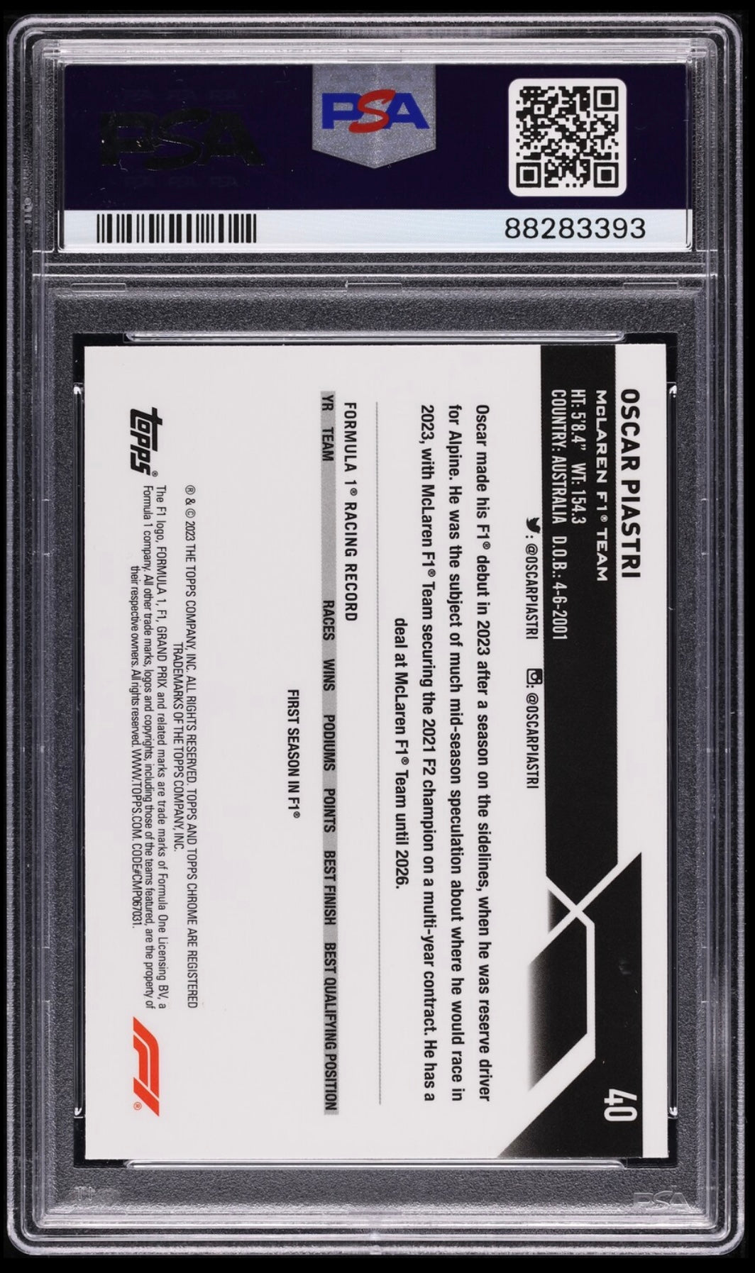 2023 TOPPS CHROME F1 FORMULA 1 #40 OSCAR PIASTRI ROOKIE GREEN REFRACTOR /99 PSA 10 GEM MINT