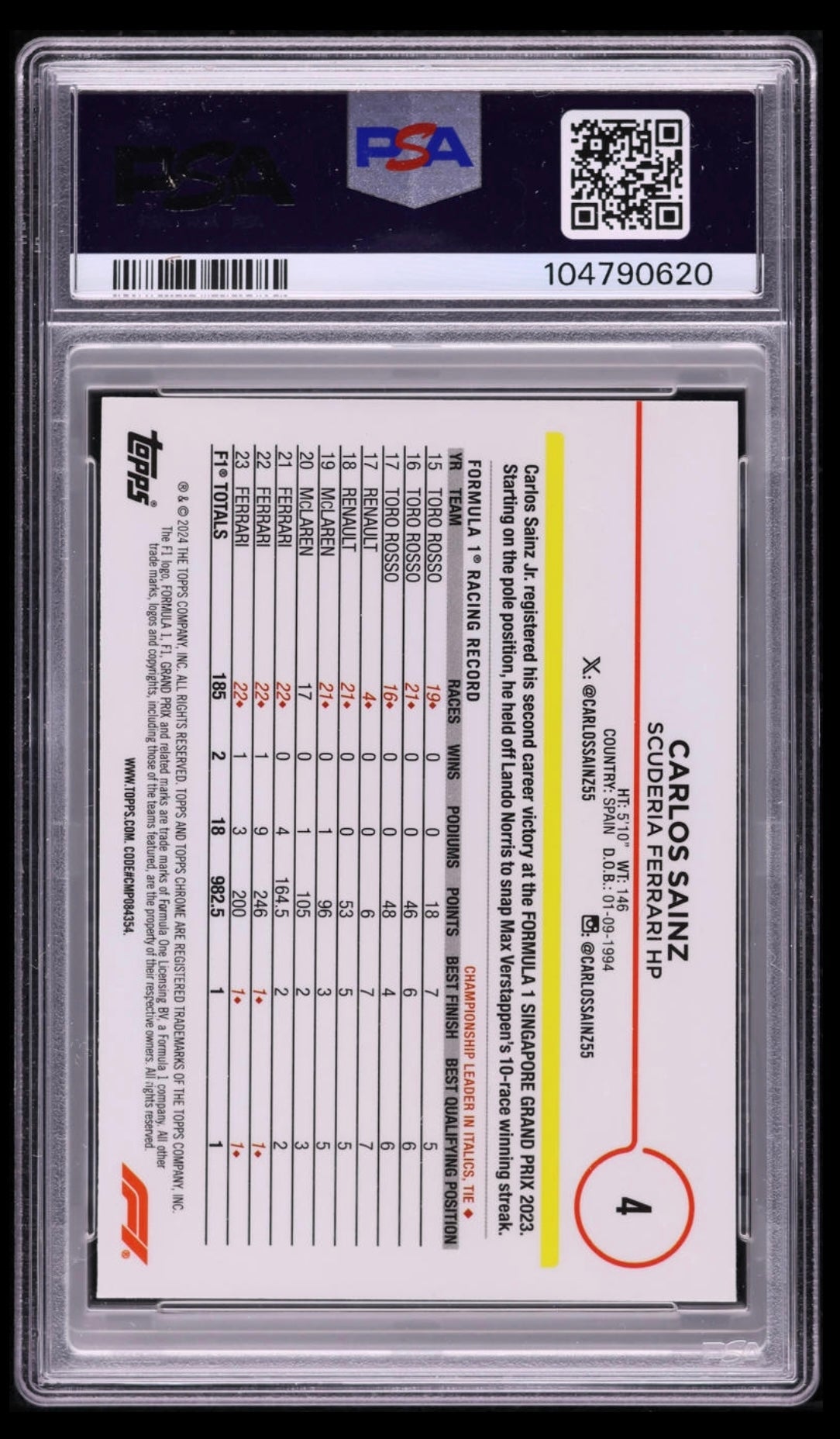 2024 TOPPS CHROME F1 F1 LOGOFRACTOR EDITION #4 CARLOS SAINZ GOLD REFRACTOR /50 PSA 10 GEM MINT