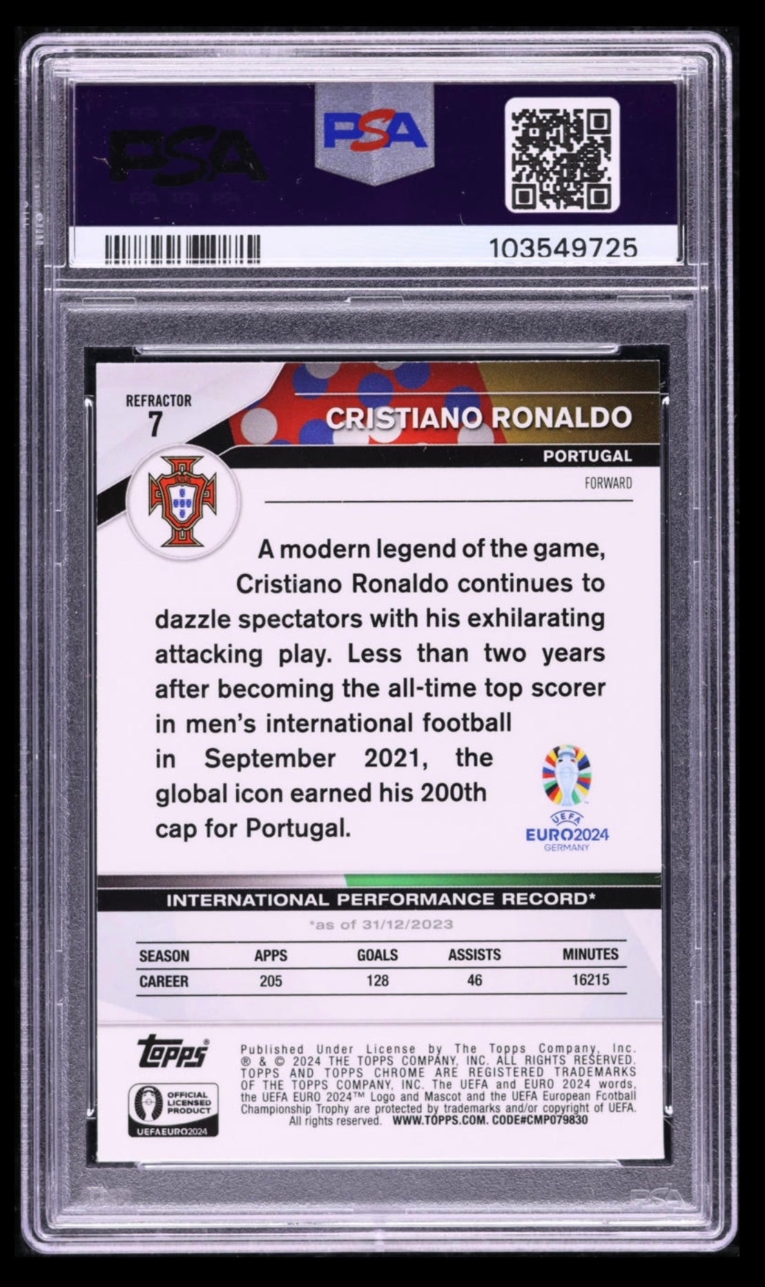 2024 TOPPS CHROME UEFA EURO #7 CRISTIANO RONALDO REFRACTOR PSA 10 GEM MINT
