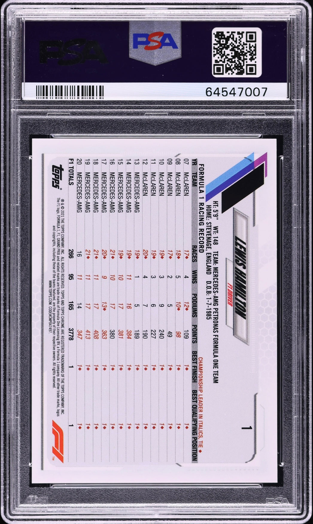 2021 Topps Chrome F1 Black & White Raywave Refractor Lewis Hamilton #1 PSA 10 Gem Mint