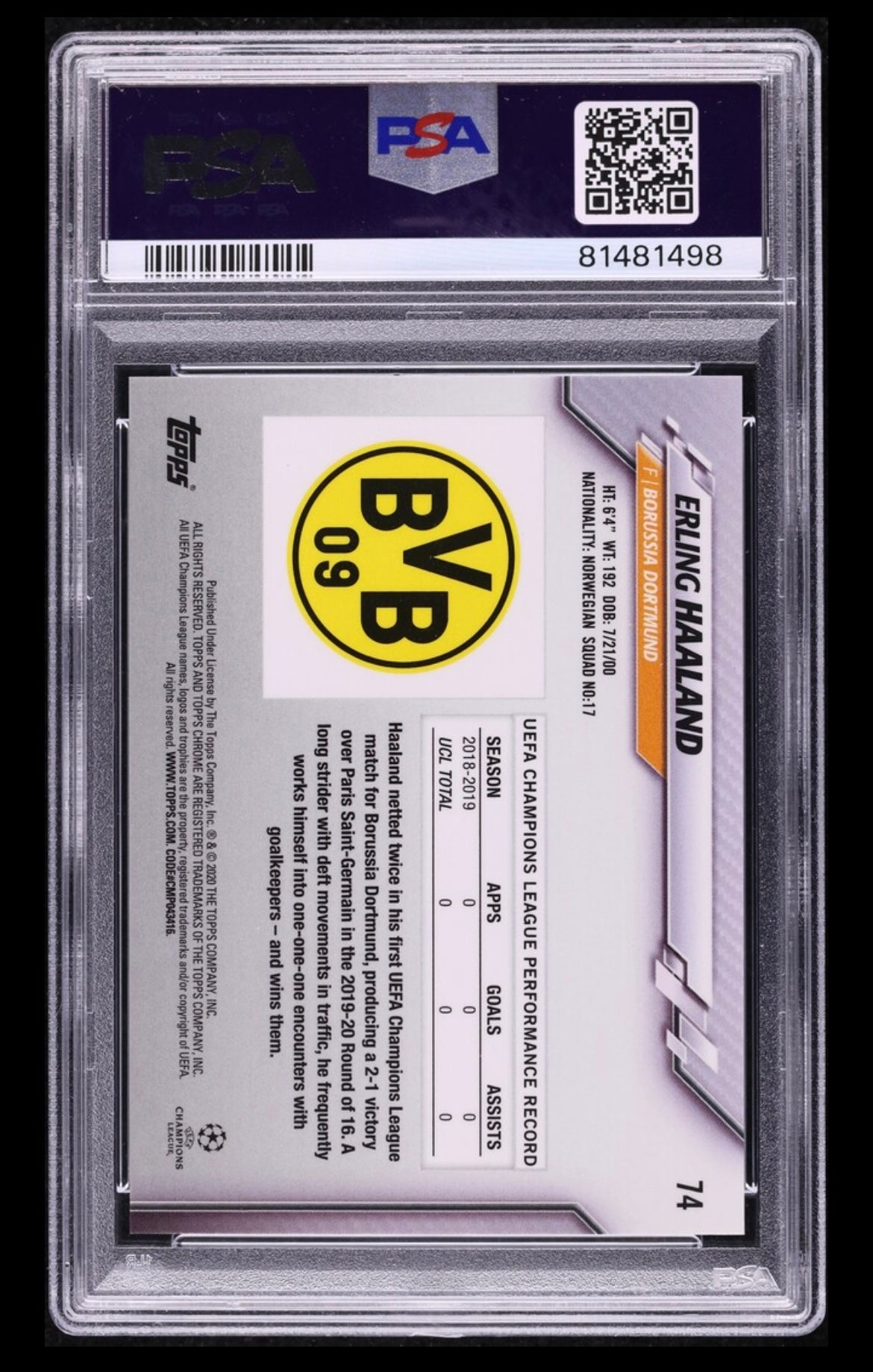 2019 Topps Chrome UCL UEFA Champions League Sapphire Edition Erling Haaland Rookie #74 PSA 10 Gem Mint