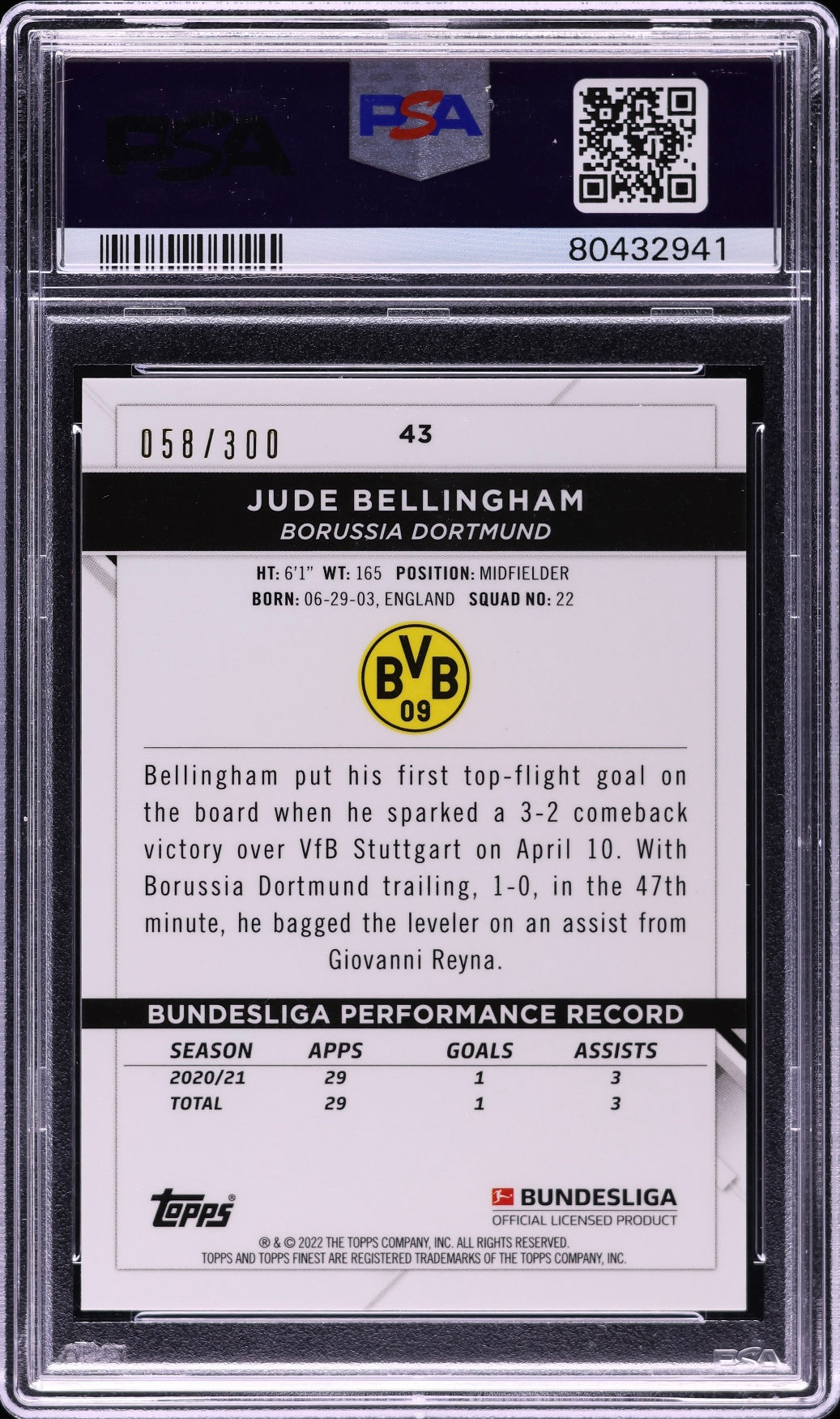 2021 Finest Bundesliga Pink Wave Refractor Jude Bellingham /300 #43 PSA 10 Gem Mint