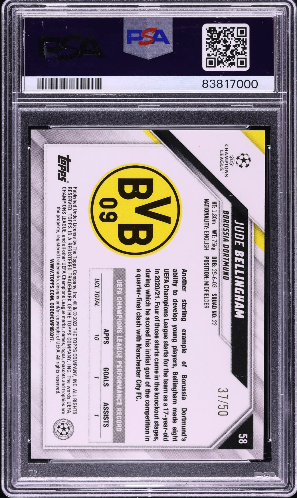 2021 Topps Chrome Sapphire UEFA Orange Jude Bellingham /50 #58 PSA 10 Gem Mint