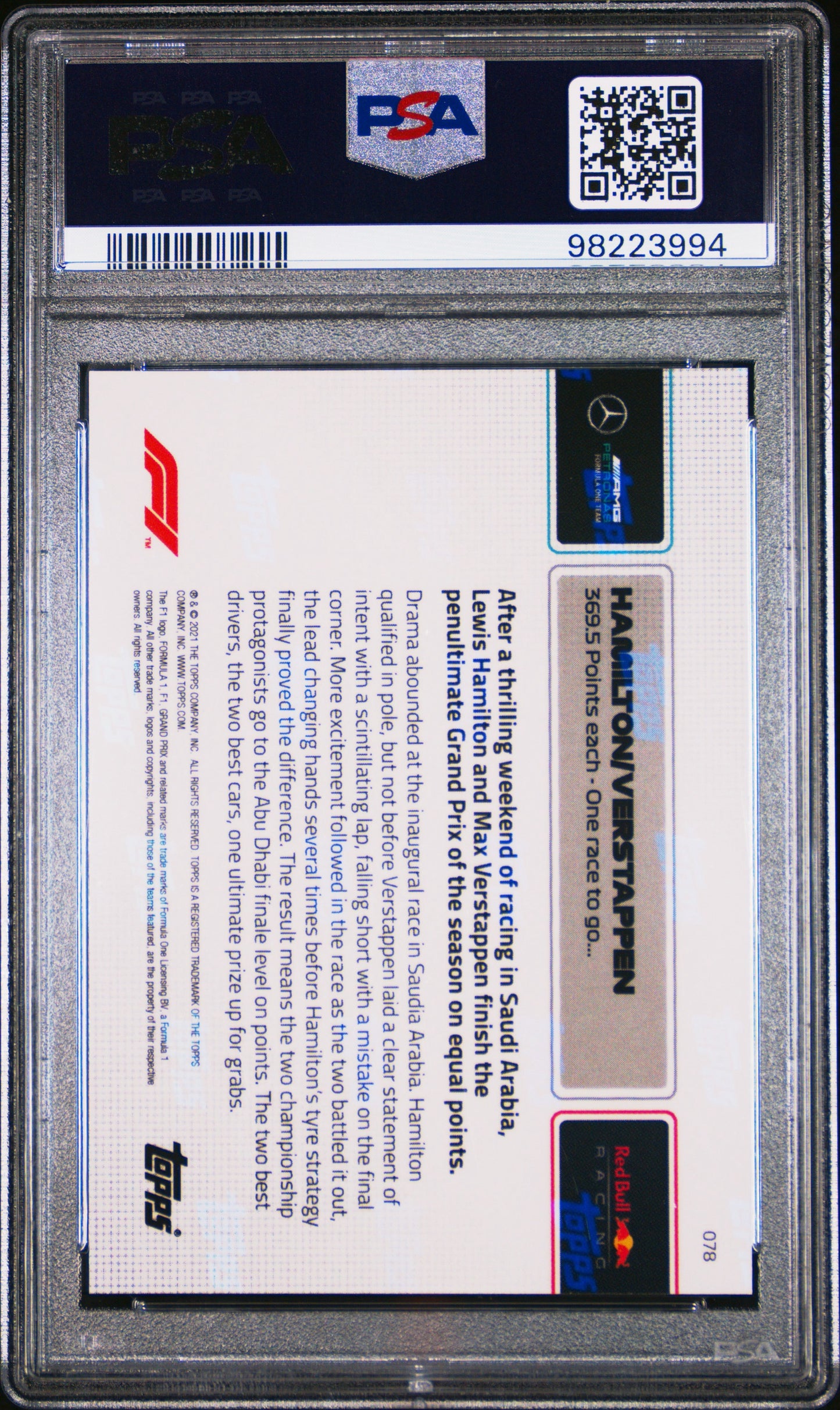 2021 Topps Now F1 Formula 1 #78 Lewis Hamilton Max Verstappen Dual PSA 10 Gem Mint (Serial 994)
