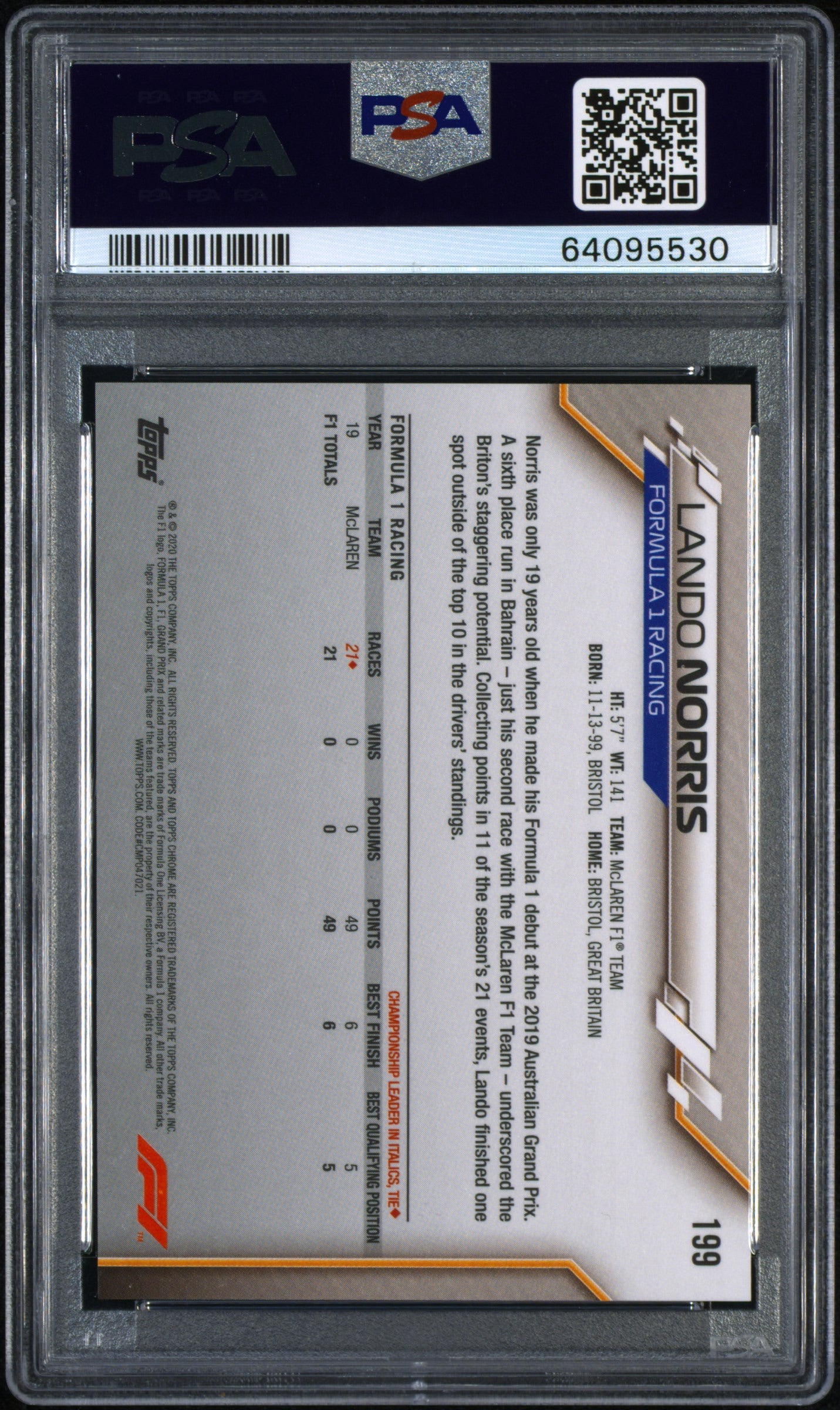 2020 Topps Chrome F1 Formula 1 Sapphire Edition #199 Lando Norris Rookie PSA 10 Gem Mint