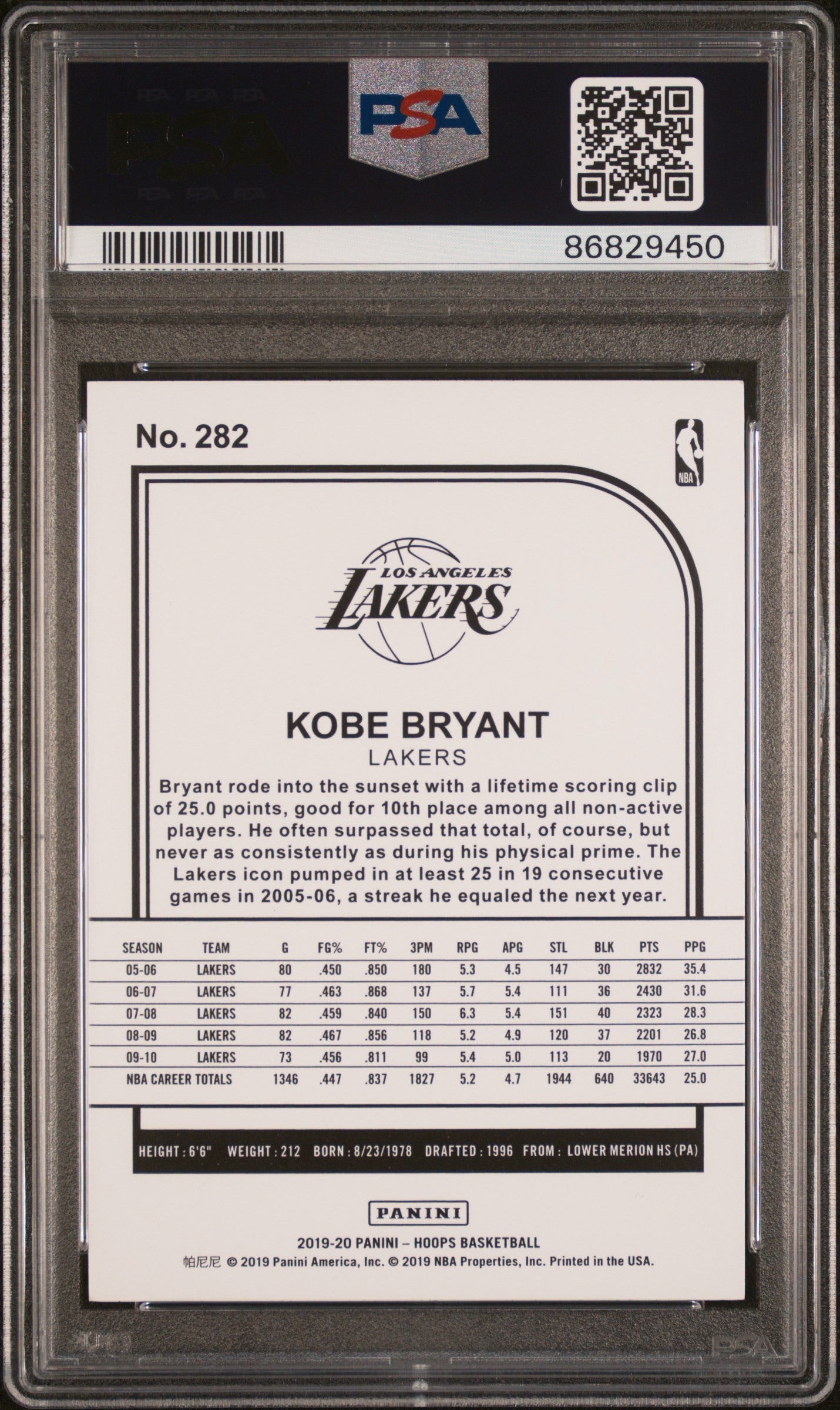 2019 Hoops Tribute Kobe Bryant #282 PSA 10 Gem Mint