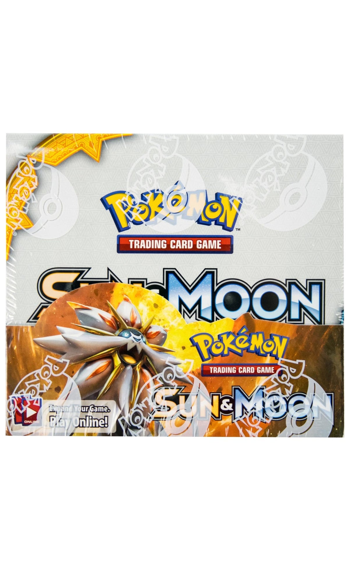 Pokémon TCG Sun & Moon Base Set Booster Box containing 36 booster packs, factory sealed and protected with a clear sleeve protector.
