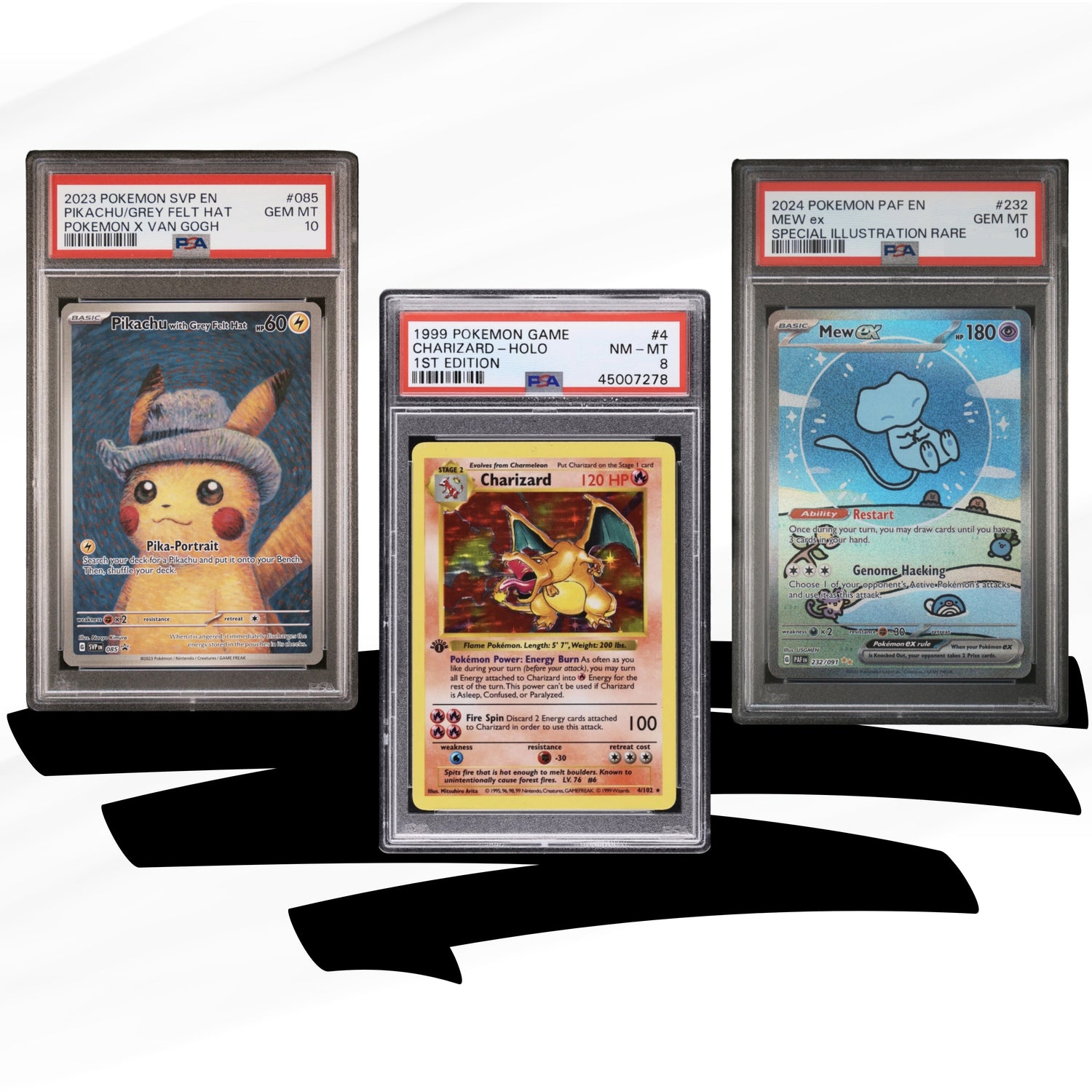 Dubai - Pokemon graded cards - Charizard Base PSA 10, Mew Two EX PSA 10 and Pokemon Pikachu PSA 10 - Trading Cards Middle East