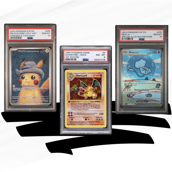 Dubai - Pokemon graded cards - Charizard Base PSA 10, Mew Two EX PSA 10 and Pokemon Pikachu PSA 10 - Trading Cards Middle East