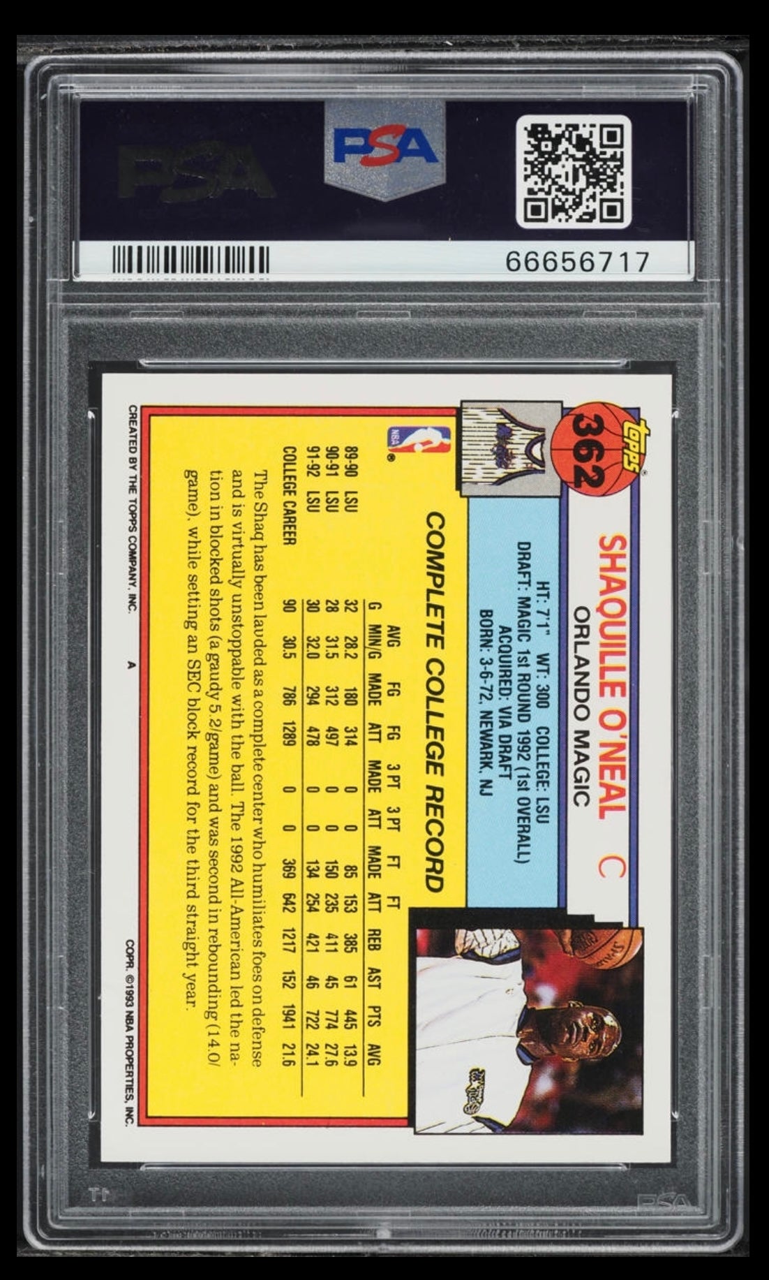 1992 TOPPS #362 SHAQUILLE O'NEAL ROOKIE PSA 10 GEM MINT