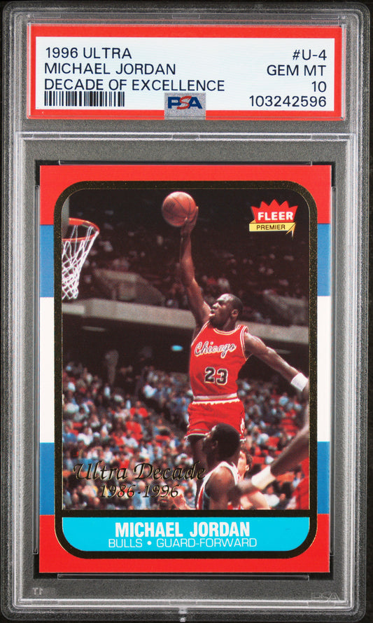 1996 ULTRA DECADE OF EXCELLENCE #U-4 MICHAEL JORDAN DECADE OF EXCELLENCE PSA 10 GEM MINT (Serial 596) - 1