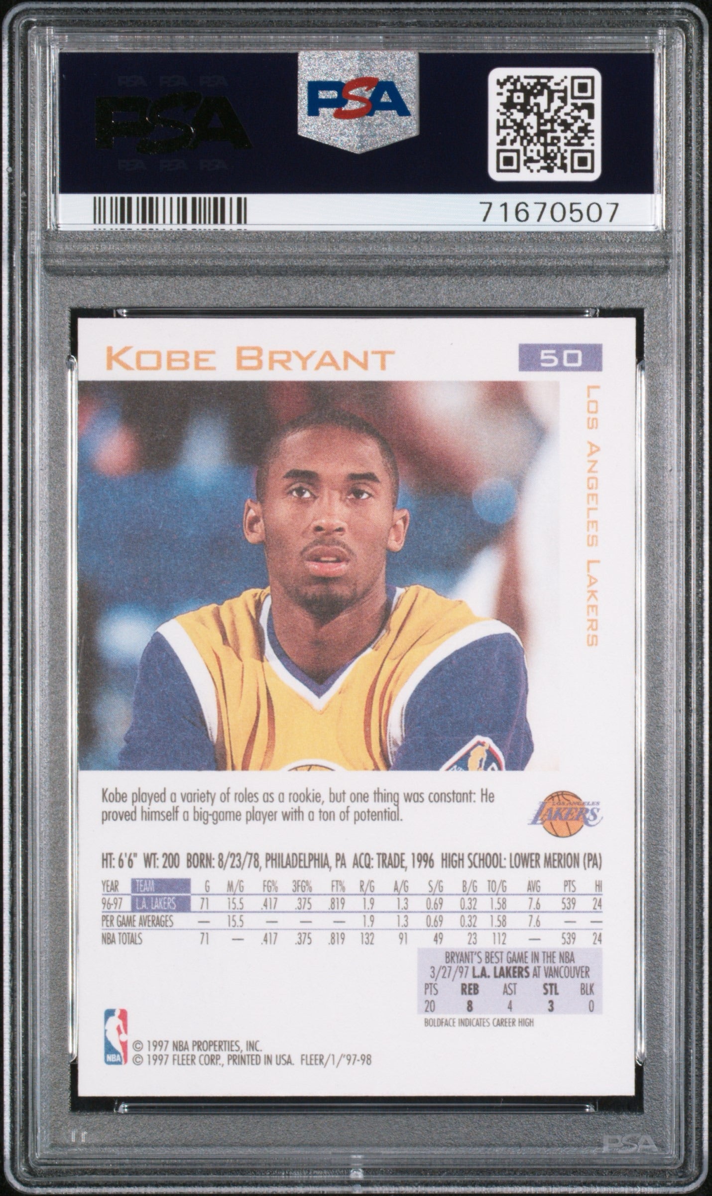 1997 FLEER #50 KOBE BRYANT PSA 10 GEM MINT - 2