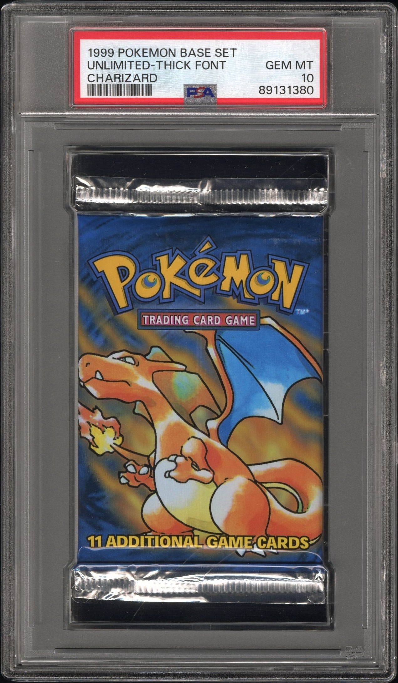 1999 POKEMON TCG BASE SET PACK UNLIMITED-THICK FONT CHARIZARD PSA 10 GEM MINT