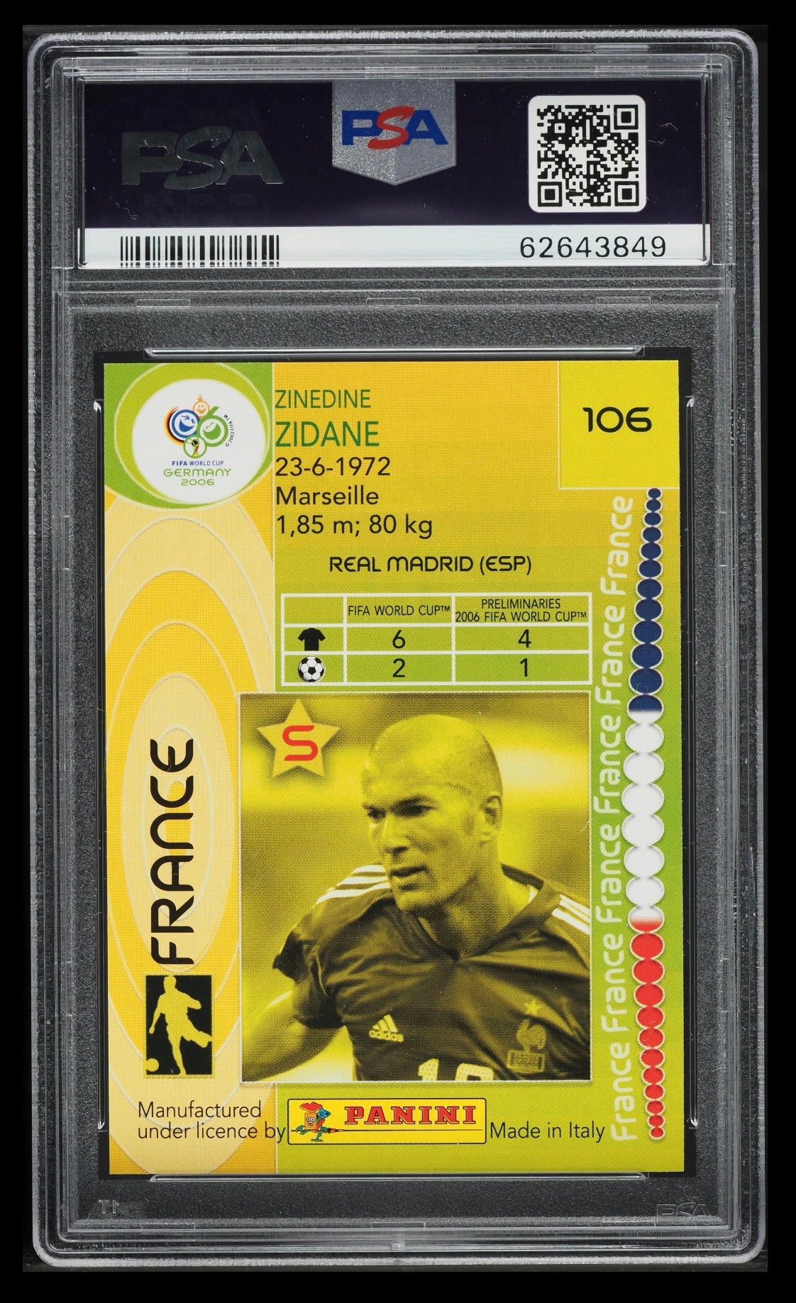 2006 PANINI WORLD CUP GERMANY #106 ZINEDINE ZIDANE GERMANY PSA 10 GEM MINT