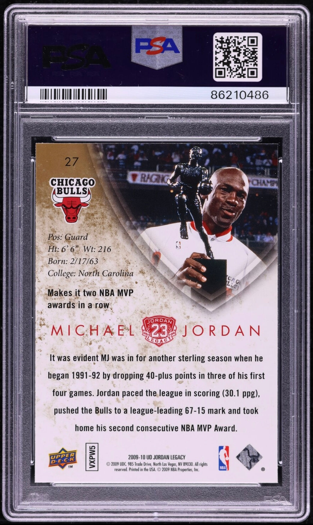 2009 UPPER DECK JORDAN LEGACY #27 MICHAEL JORDAN PSA 10 GEM MINT