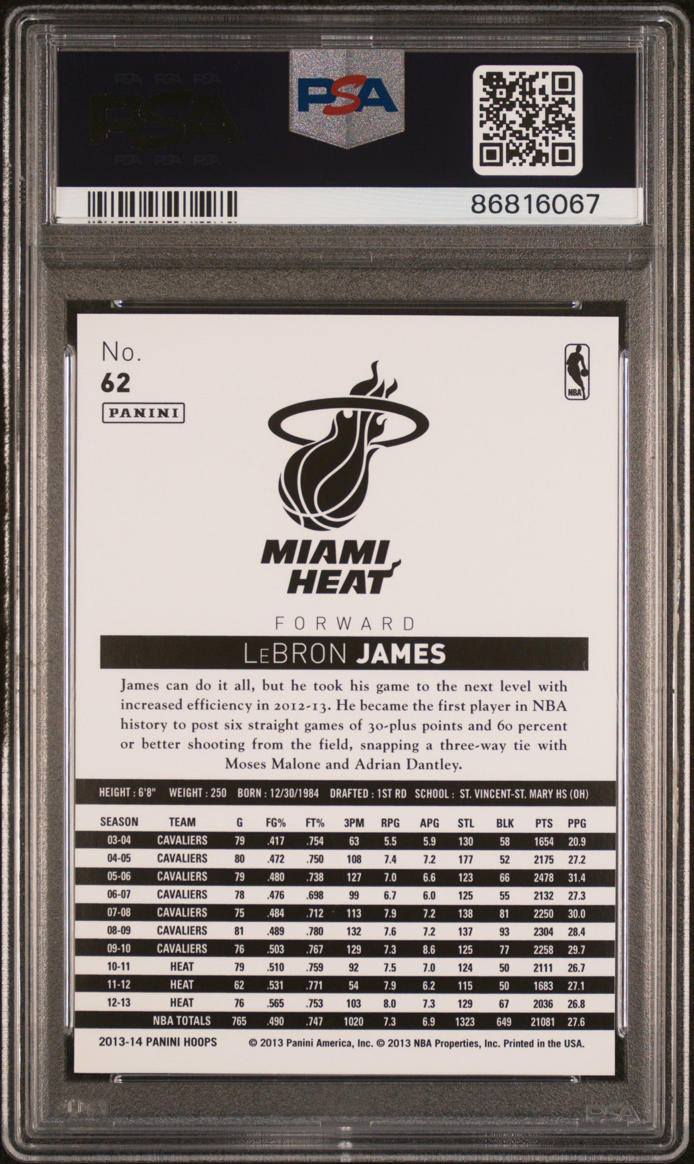 2013 PANINI HOOPS #62 LEBRON JAMES PSA 10 GEM MINT - 2