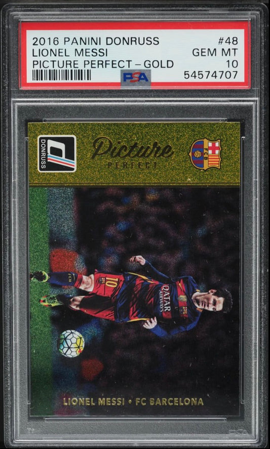2016 PANINI DONRUSS PICTURE PERFECT #48 LIONEL MESSI PICTURE PERFECT-GOLD PSA 10 GEM MINT - 1