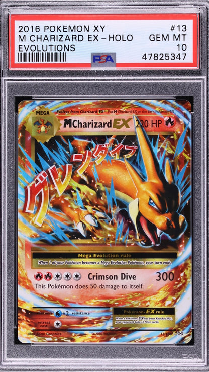 PSA 10 M Charizard EX from 2016 Pokémon XY Evolutions, graded Gem Mint in a sealed PSA slab.
