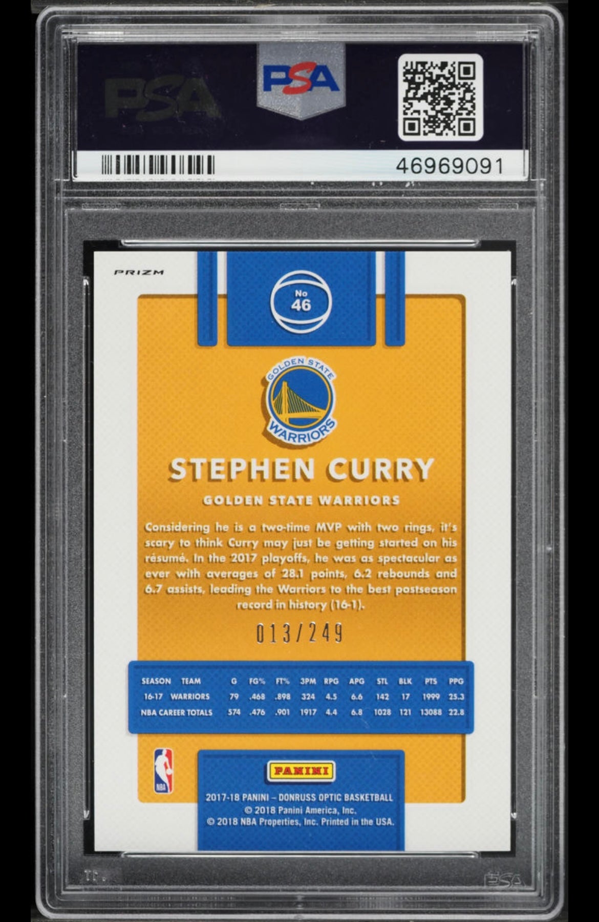 2017 PANINI DONRUSS OPTIC #46 STEPHEN CURRY PREMIUM BOX /299 PSA 10 GEM MINT - 2