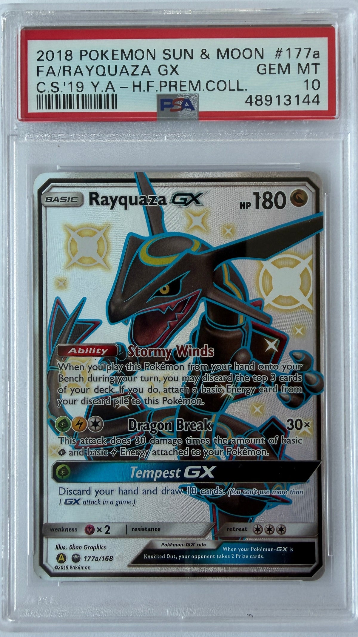 PSA 10 Rayquaza GX Full Art from 2018 Pokémon Celestial Storm, graded Gem Mint in a sealed PSA slab.
