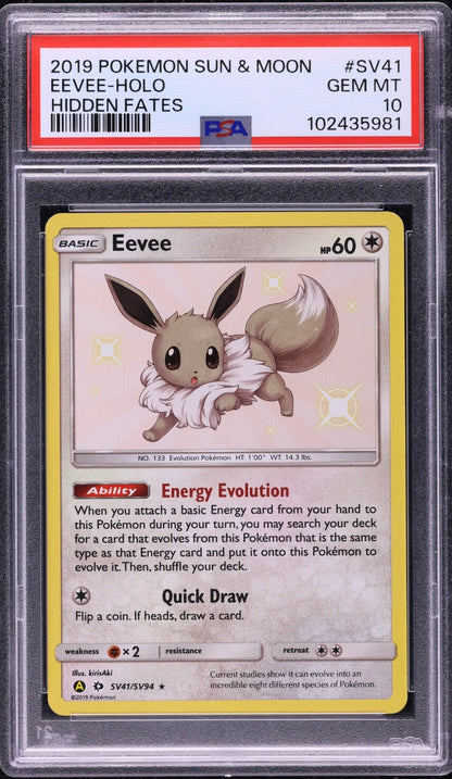 2019 POKEMON SUN & MOON HIDDEN FATES #SV41 EEVEE-HOLO HIDDEN FATES PSA 10 GEM MINT