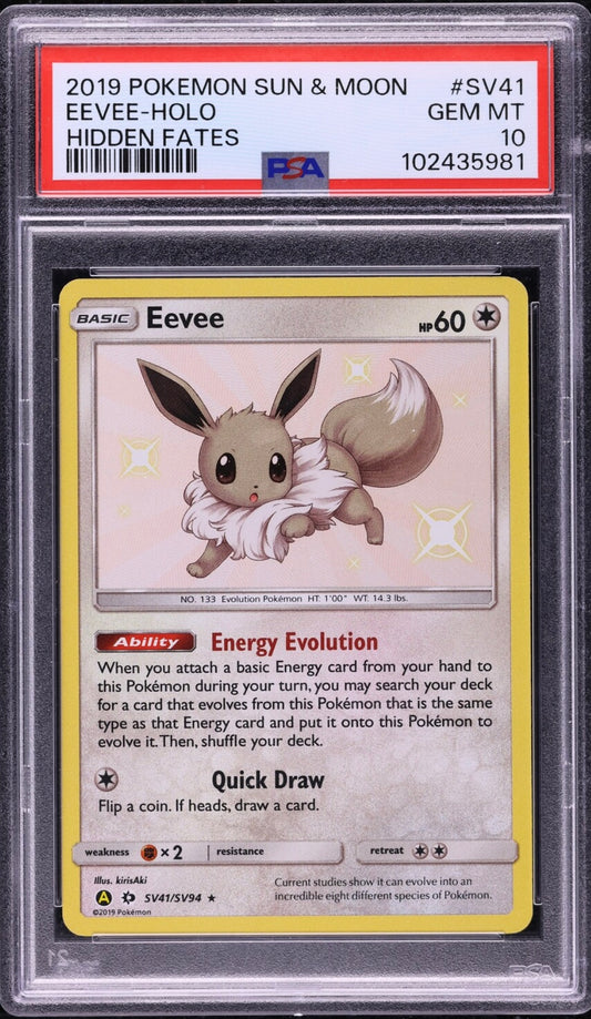 2019 POKEMON SUN & MOON HIDDEN FATES #SV41 EEVEE-HOLO HIDDEN FATES PSA 10 GEM MINT