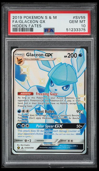 2019 POKEMON TCG SUN & MOON HIDDEN FATES #SV55 FA/GLACEON GX HIDDEN FATES PSA 10 GEM MINT
