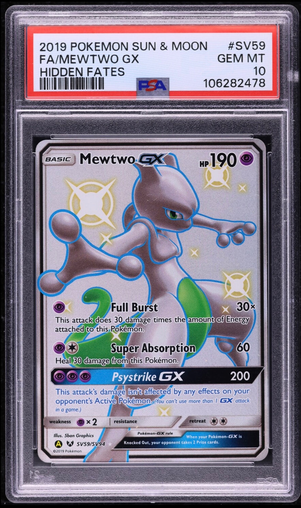 2019 POKEMON TCG SUN & MOON HIDDEN FATES #SV59 FA/MEWTWO GX HIDDEN FATES PSA 10 GEM MINT