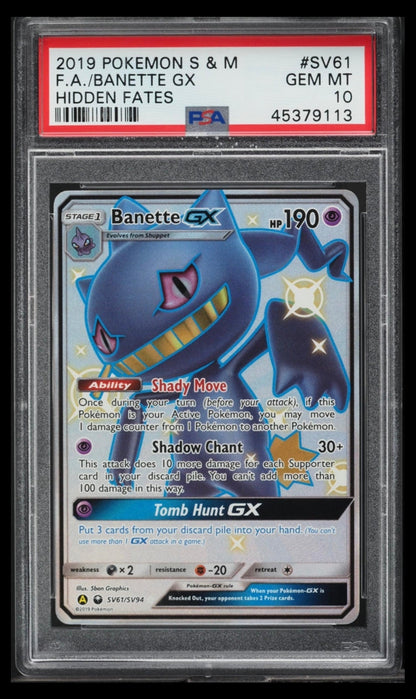 2019 POKEMON TCG SUN & MOON HIDDEN FATES #SV61 FA/BANETTE GX HIDDEN FATES PSA 10 GEM MINT